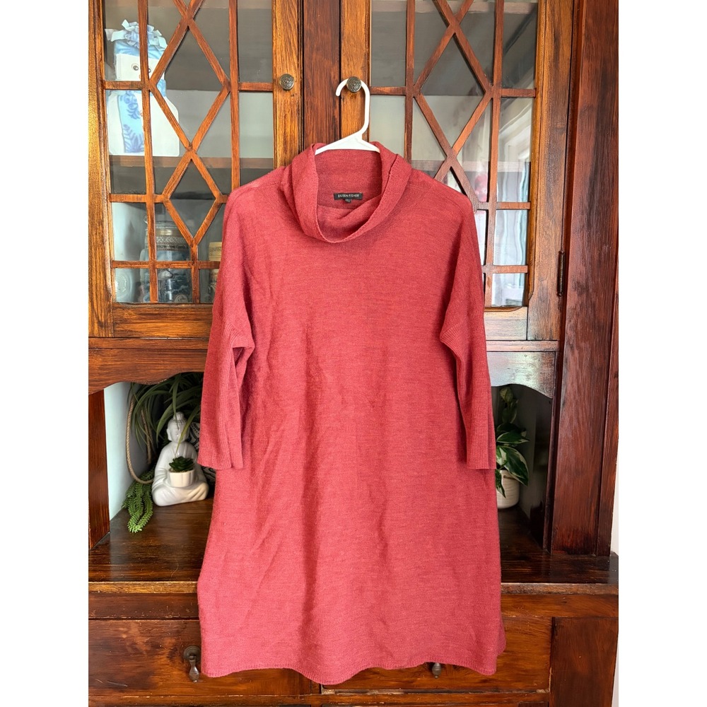 Eileen Fisher 100% Merino Wool Cowl Neck Tunic Sweater Dress Terracotta Medium